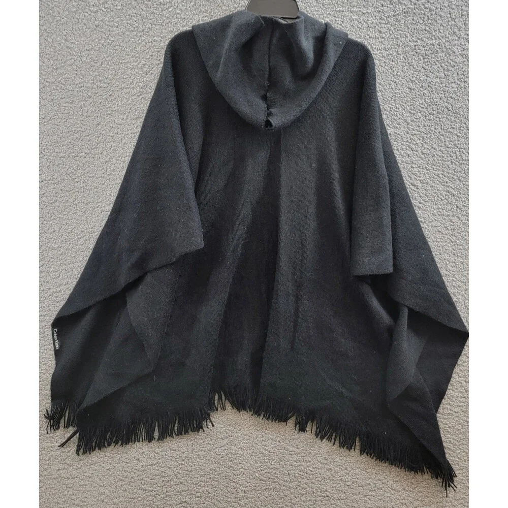Calvin Klein Knit Hooded Cardigan Sweater Women's One Size Black Fringe Trim - Picture 11 of 15